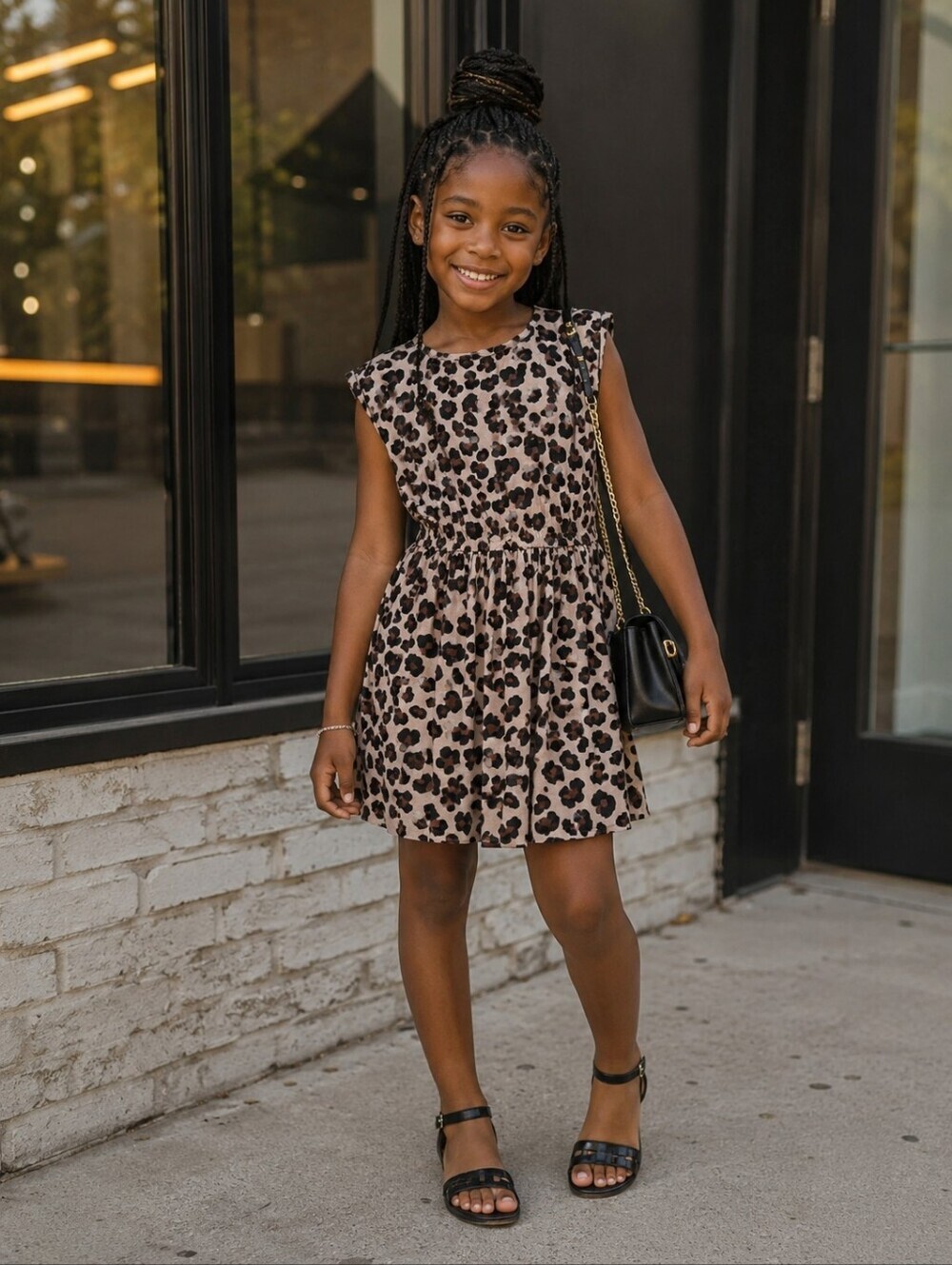 H&M Leopard Print Girls Dress 7-8Y Tan Animal Print Short Sleeve Everyday